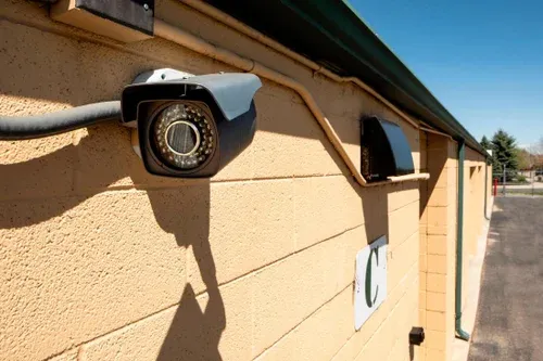 Security cameras on side of drive up self storage building